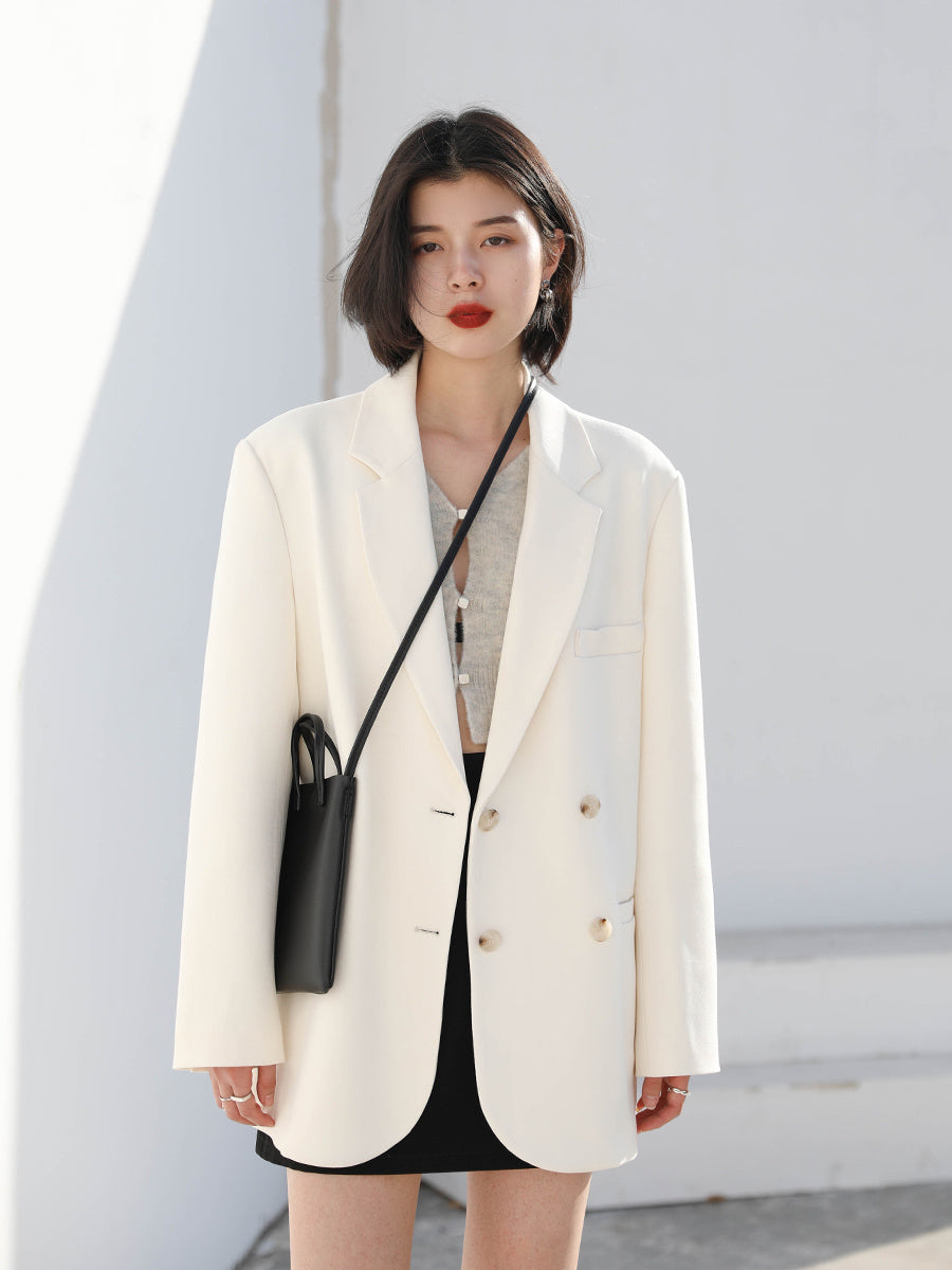 Loose Double-breasted White Suit Jacket Women Mid-length Suit